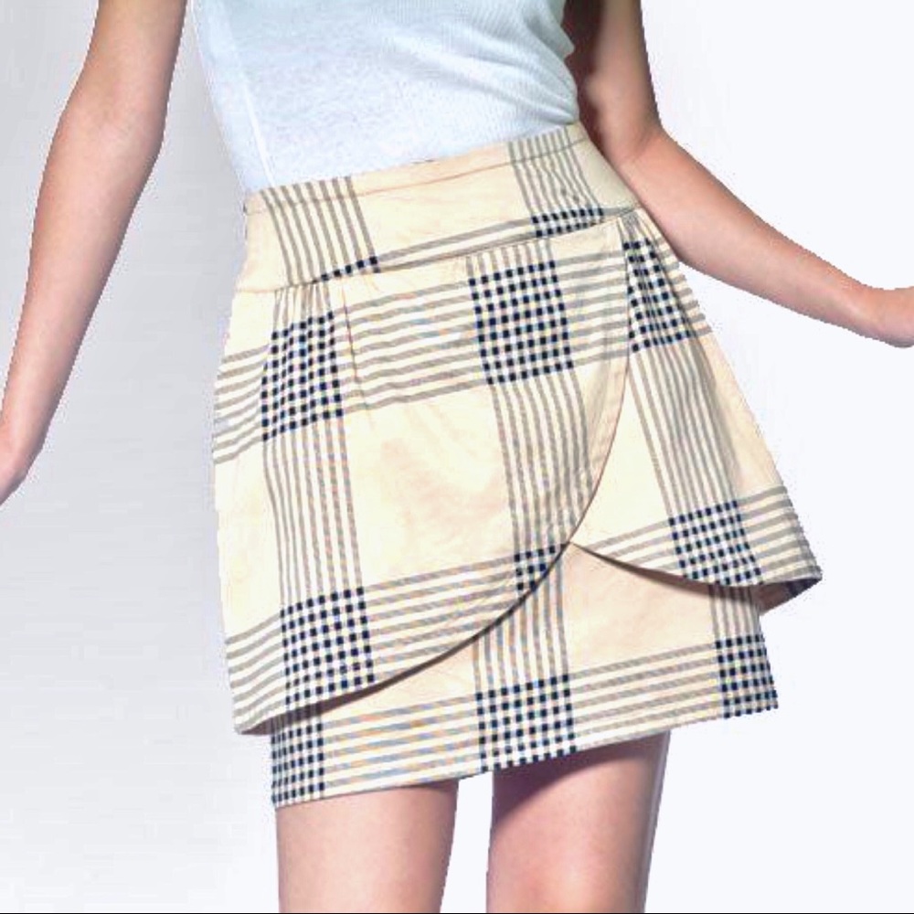 Anthro Tulle tan tartan plaid tulip mini skirt M